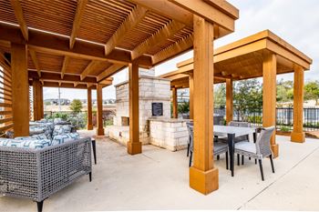 Trellis-covered outdoor kitchen
